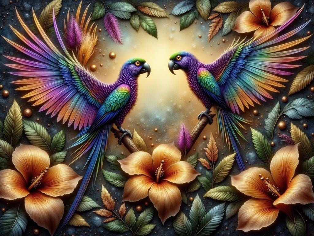 Majestic Parrots in Crinkled Metallics Environment