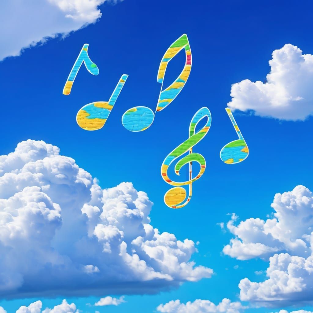 Brightly Colored Music Notes in Fluffy Clouds