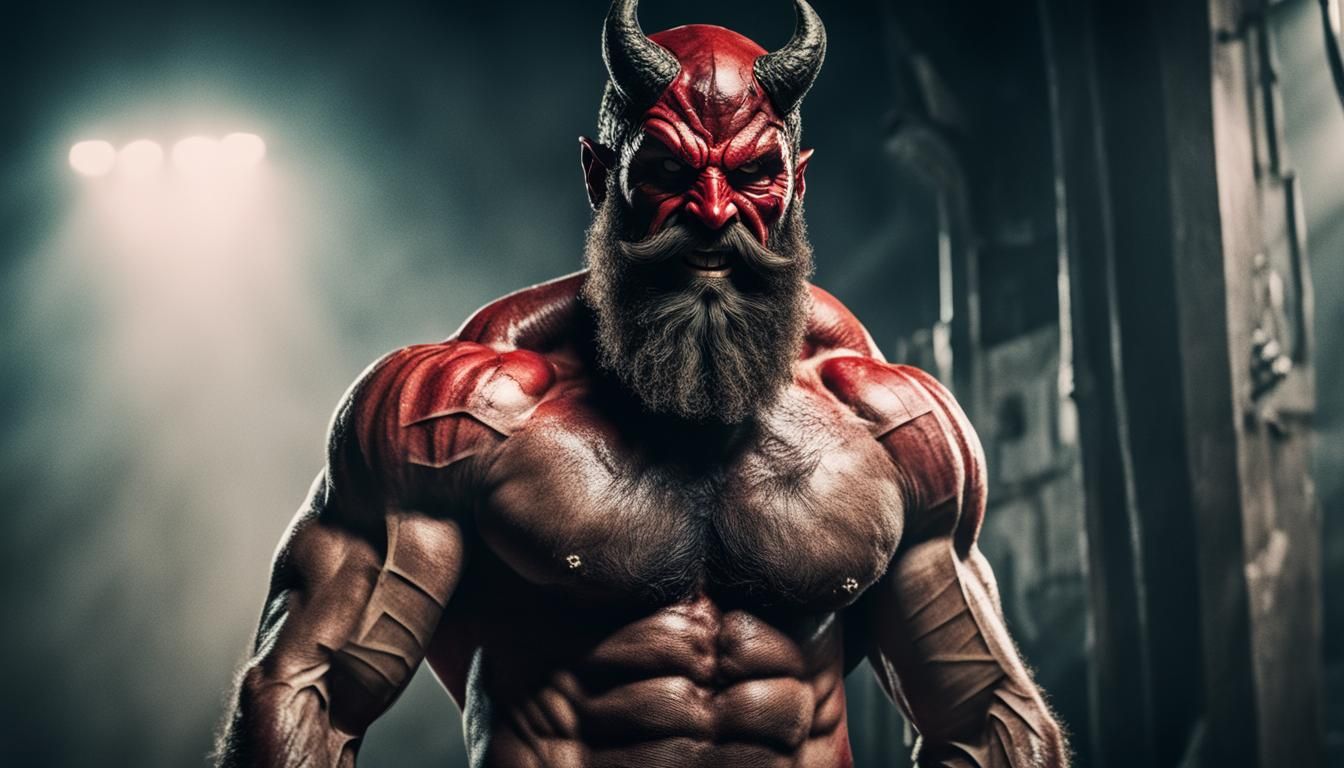 Cinematic Devil Mask on Muscular Hairy Man