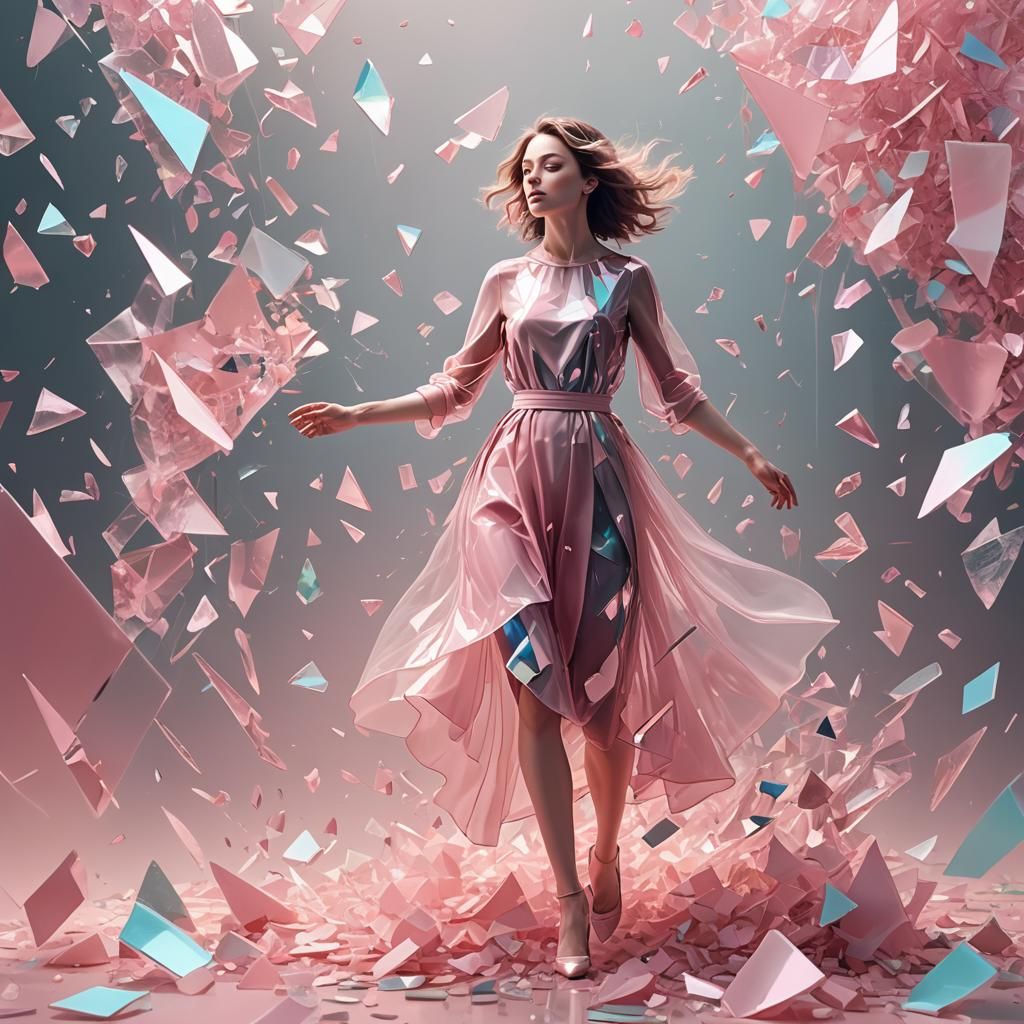 Shattering Pink Glass Woman: Surrealist Digital Art