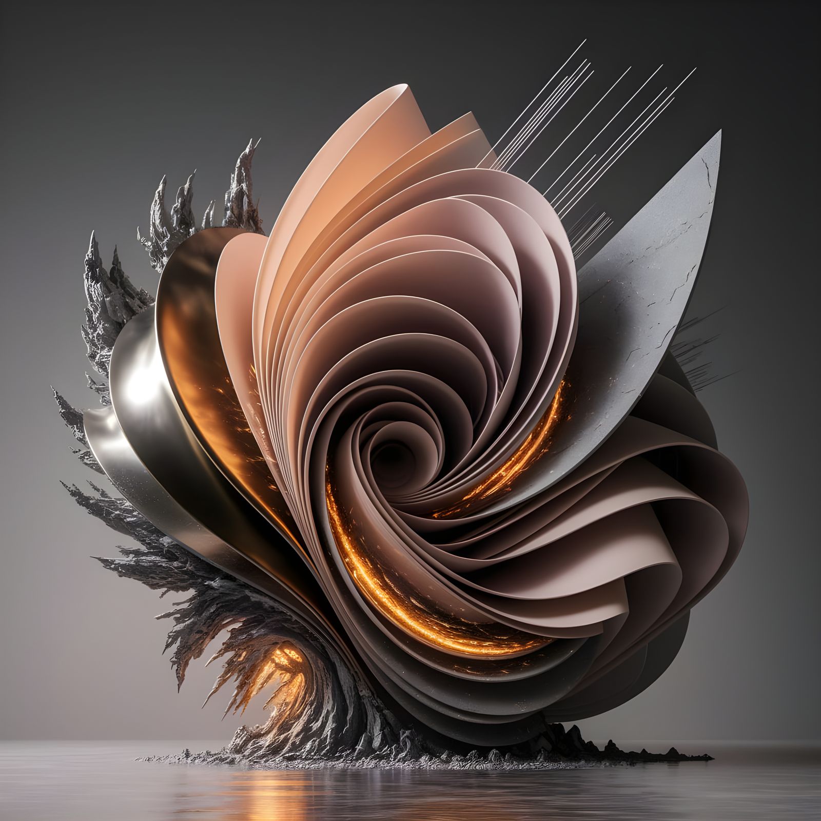 Sculpture of Intersecting Forms in Polished Metal and Stone