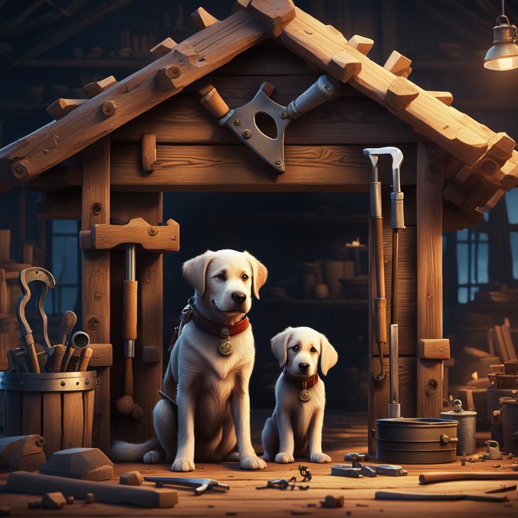 Dog Father and Puppy Build a Doghouse