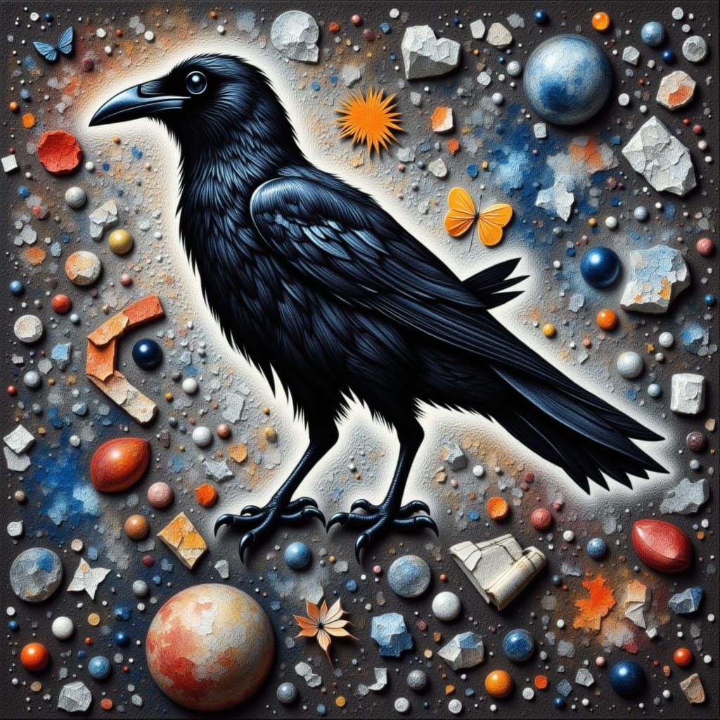 Raven Portrait in Geometric Mosaic Style