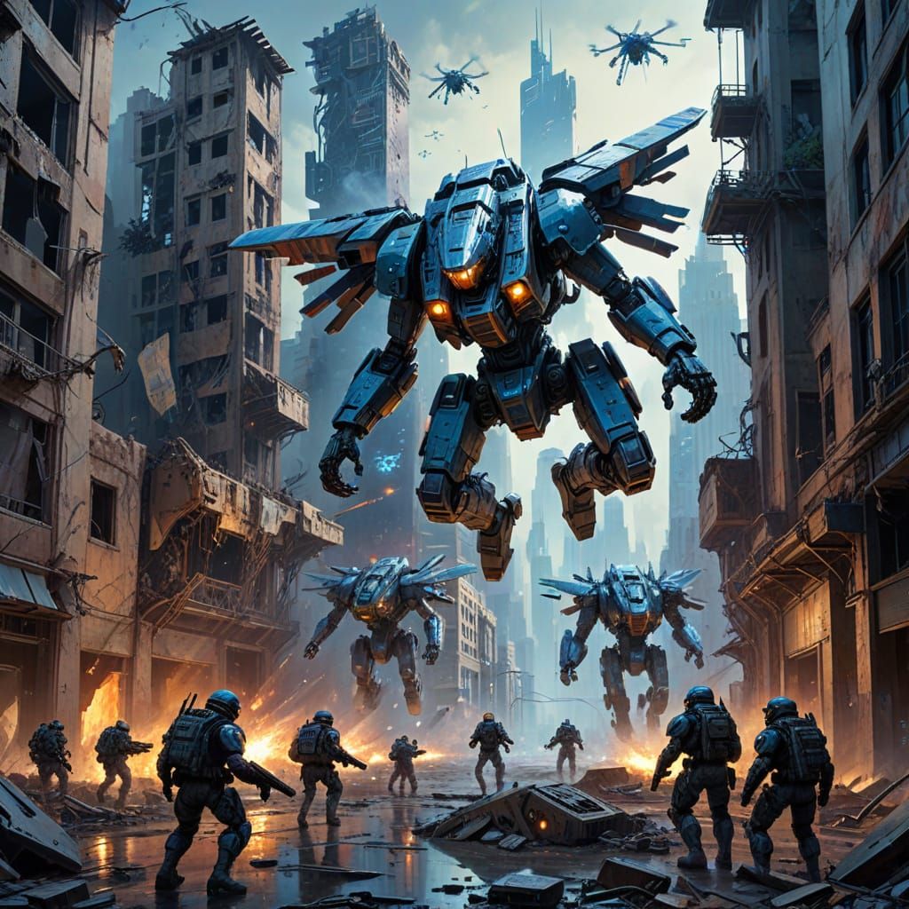 Futuristic Strike Team Advances Through Ruined City as Oil P...