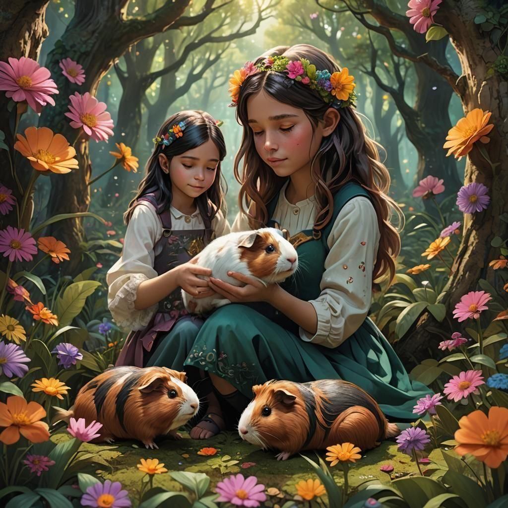 Girl Petting Guinea Pig: Detailed Matte Painting