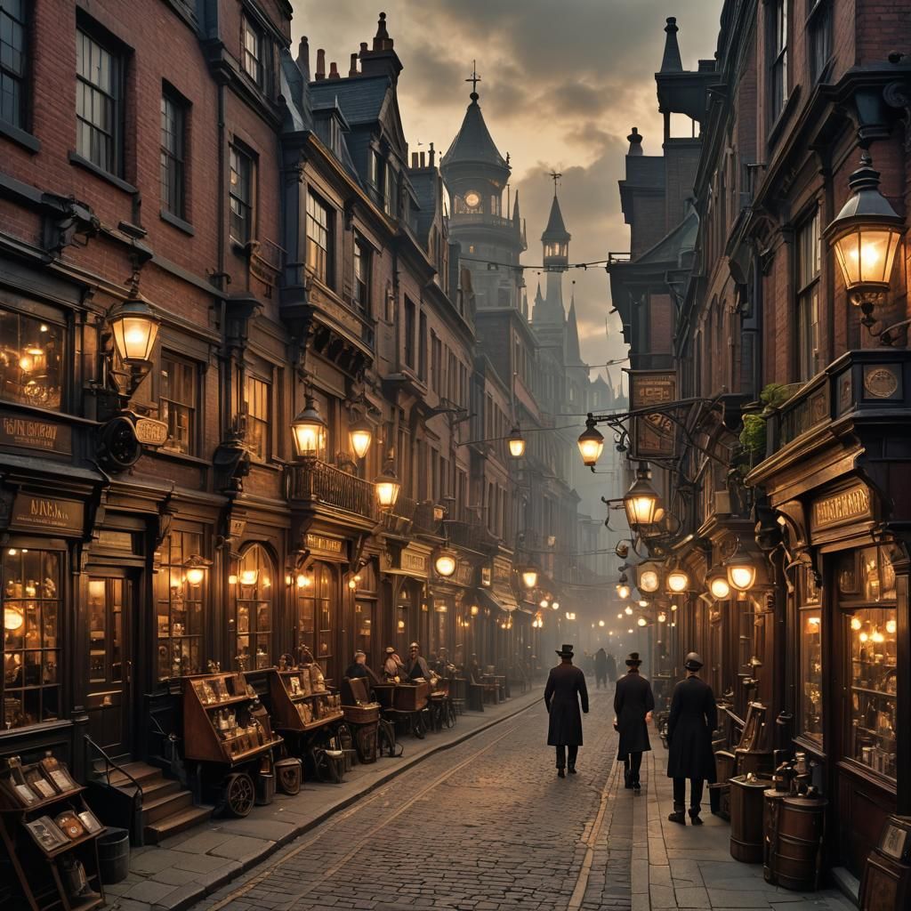 Steampunk Victorian Street Scene at Dusk