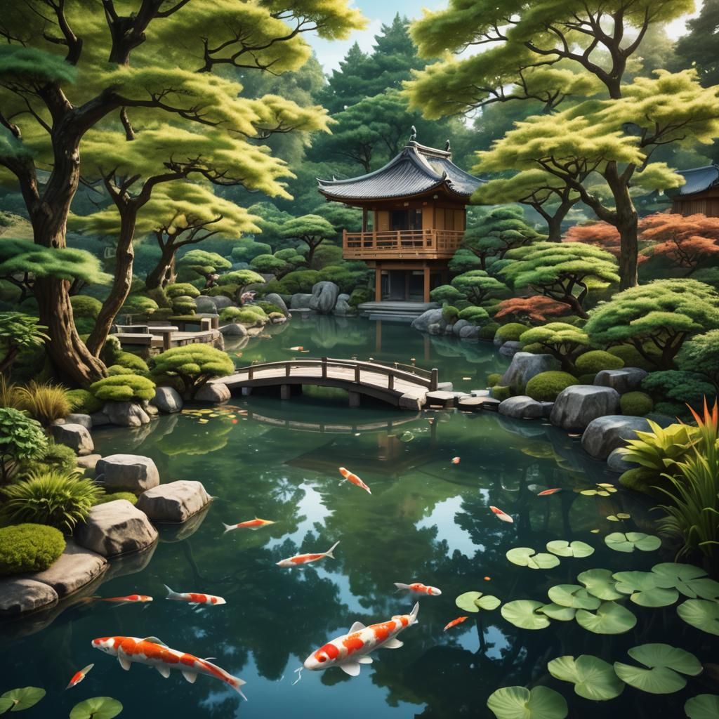 Serene Japanese Garden with Koi Pond in Ink Art Style