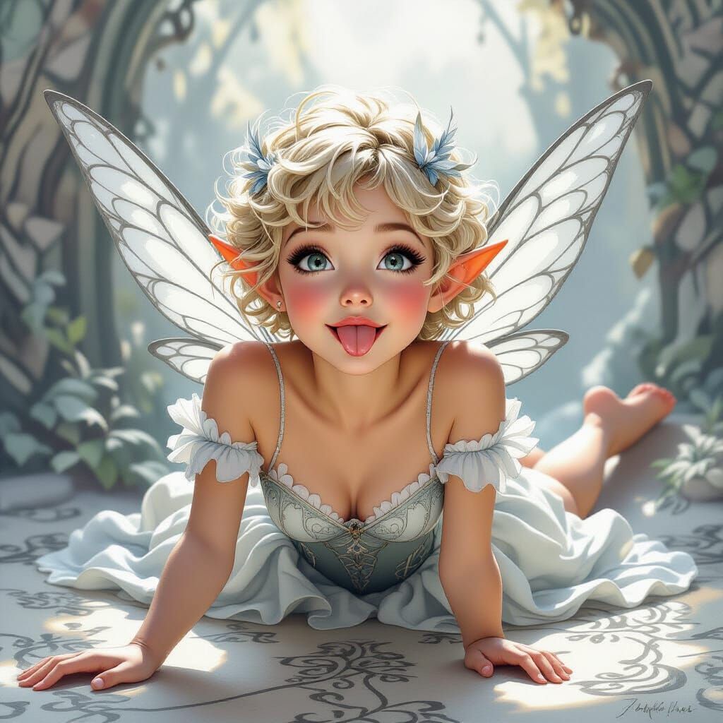 Young Fairy With Curly Hair Sticking Tongue Out, Grey Scale
