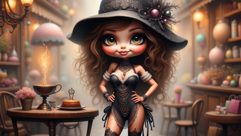 <lora:Whimsical:1.0> A voluptuous Chibi adult babe, light-me...