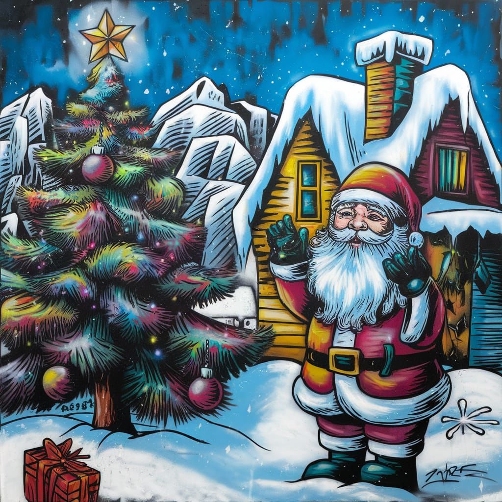 Colorful Street Art Christmas Scene in Winter