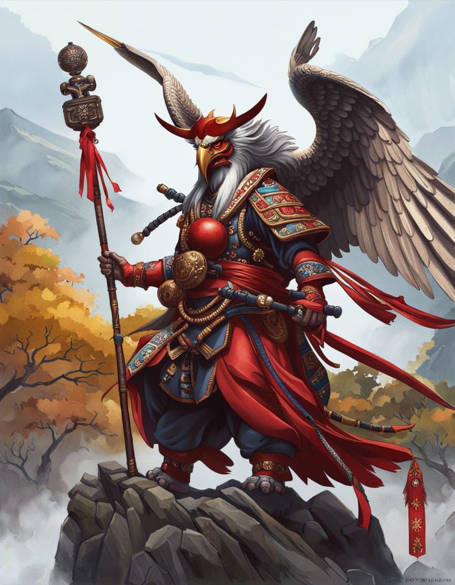 Fierce Tengu with Red Face and Eagle Wings