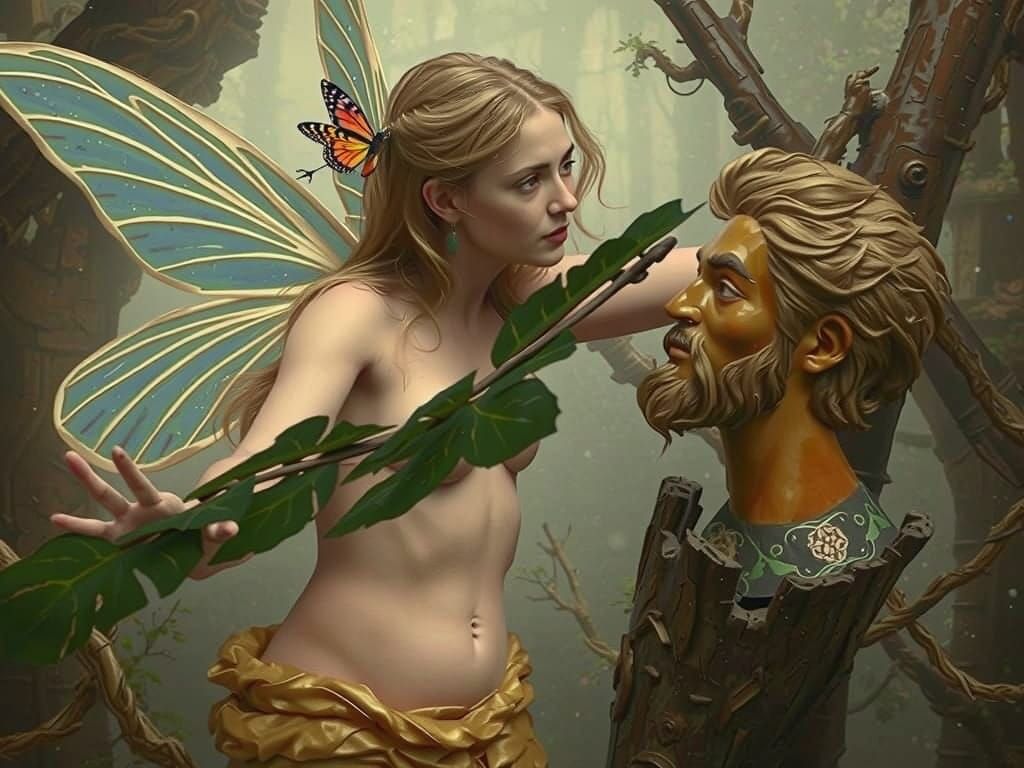 Ethereal Fairy Surrounded by Wooden Leaves