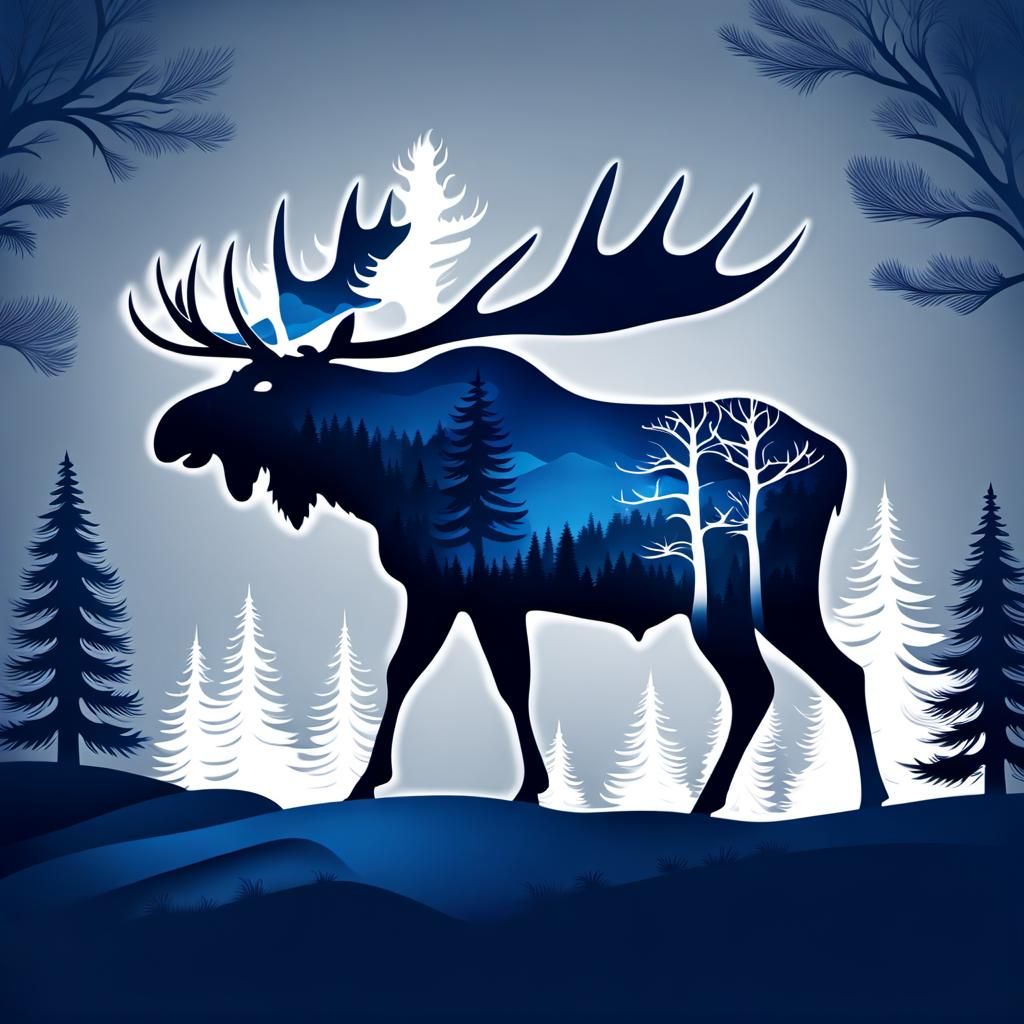 Stylized Moose Silhouette in Dark Blue and White