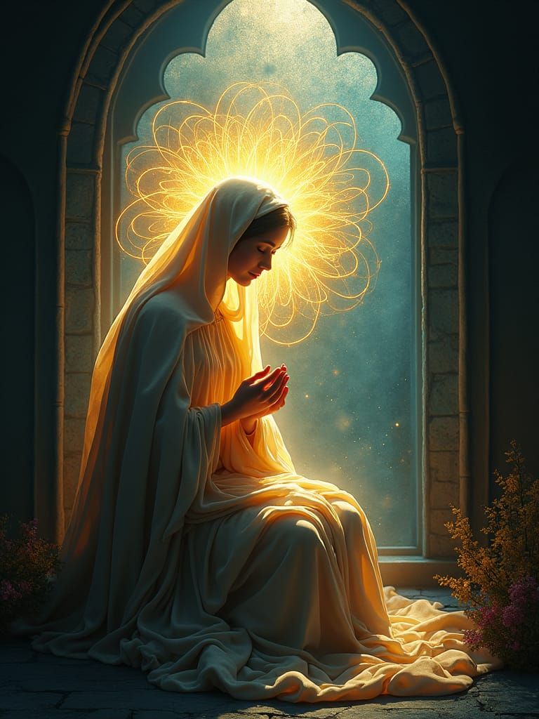 Mary During Annunciation: Medieval Stained Glass Art