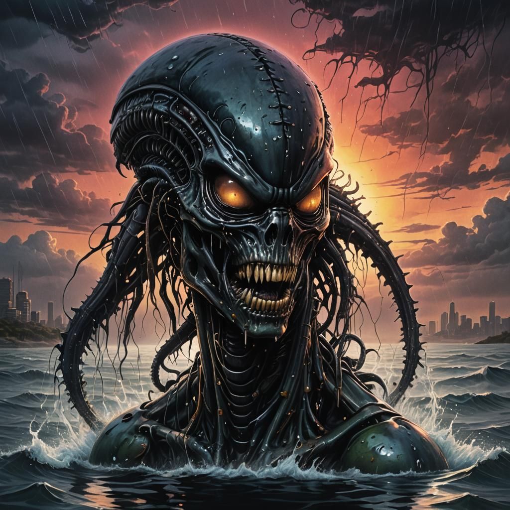 a Zombie Xenomorph with an intense gaze