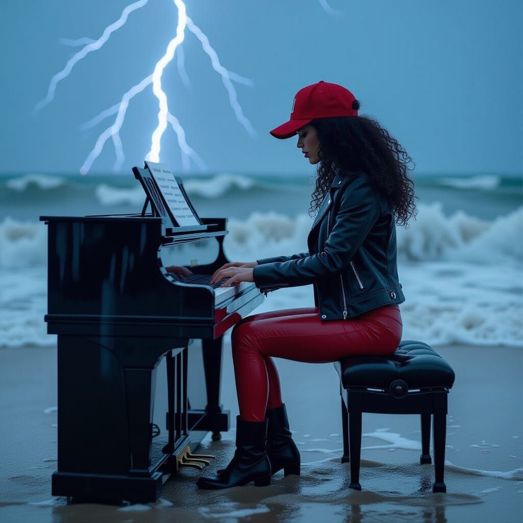 Woman Plays Piano on Stormy Beach in Hyperrealism