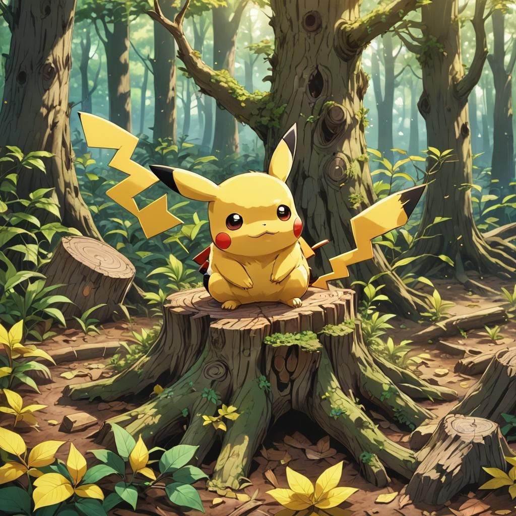 Pikachu in Serene Forest: Anime Digital Art