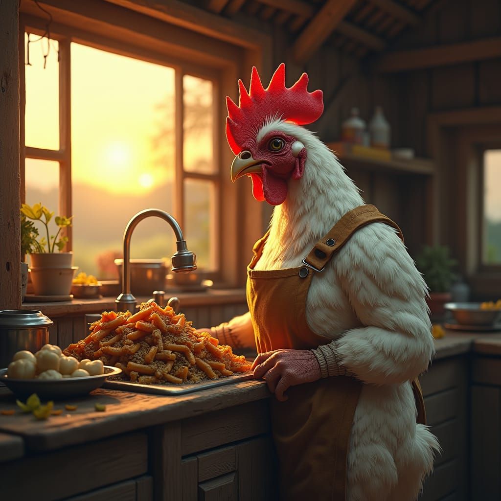 Exhausted Chicken Housewife Does Dishes: Digital Art