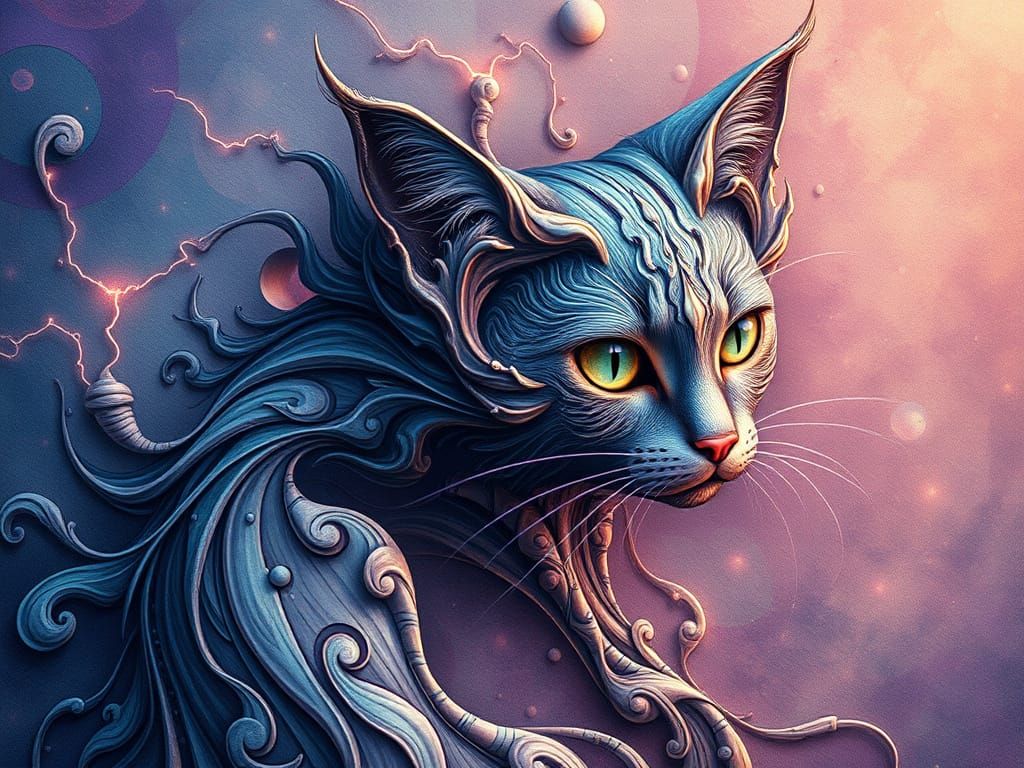 Fractal Feline: Whimsical Cat in Vibrant, Shimmering Colors
