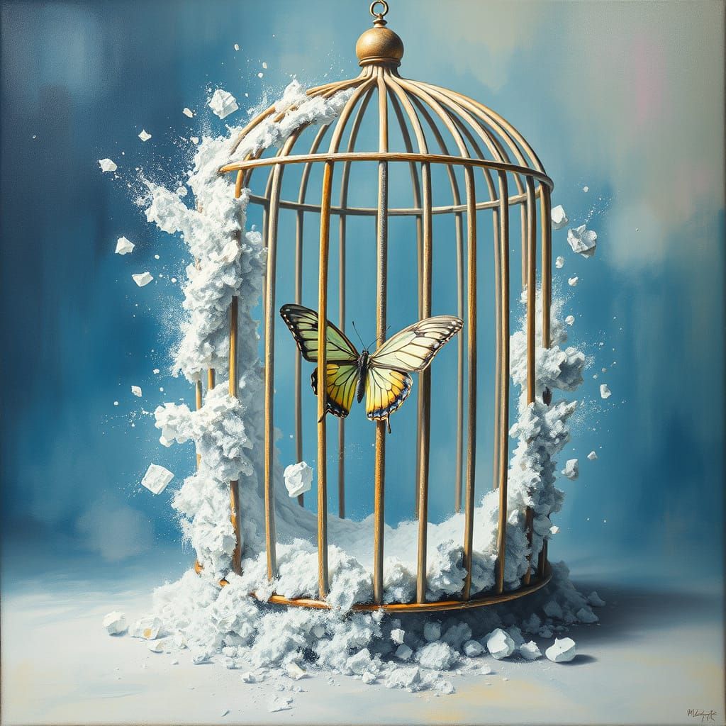 Surrealist Painting: Butterfly Escapes Dissolving Chalk Cage