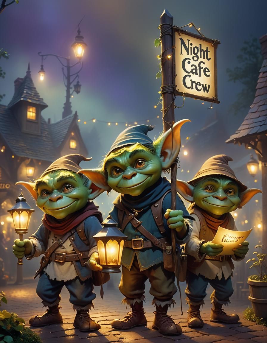 Goblins Advertise Night Cafe in Kinkade Style
