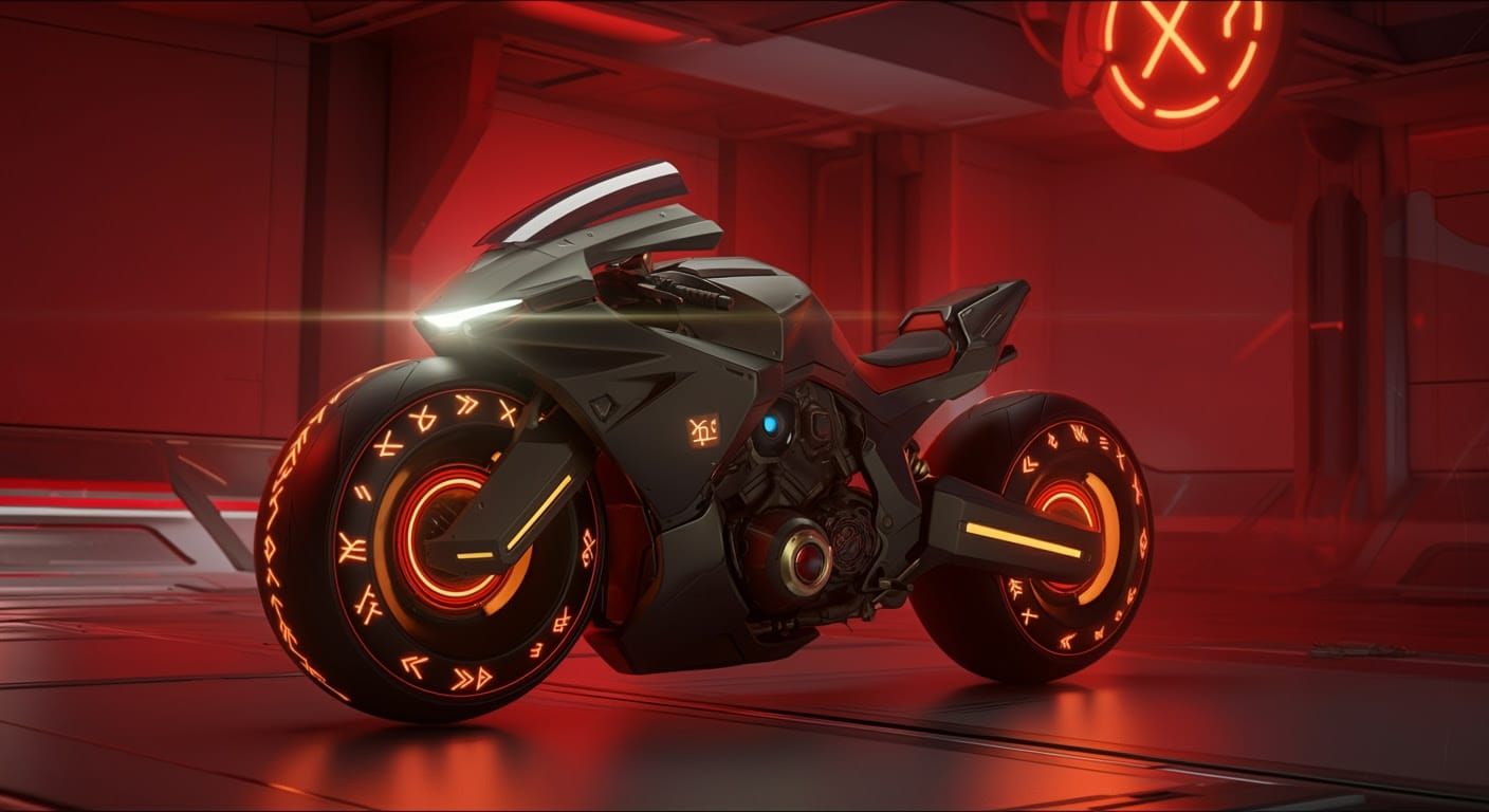 Sleek Sci-Fi Military Motorcycle with Magical Runes in Anime...