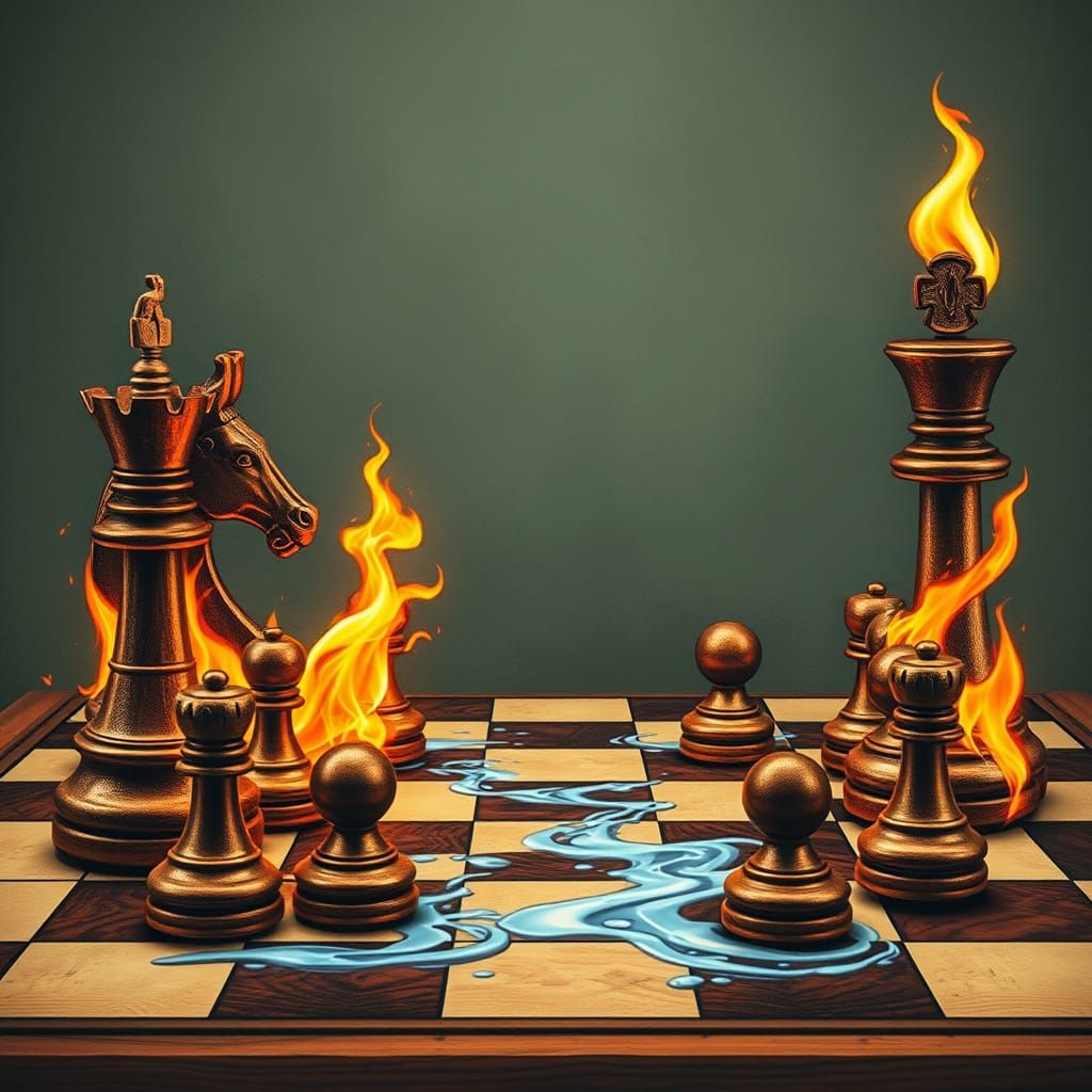 Vintage Water vs Fire Chess Game in Intricate Detail