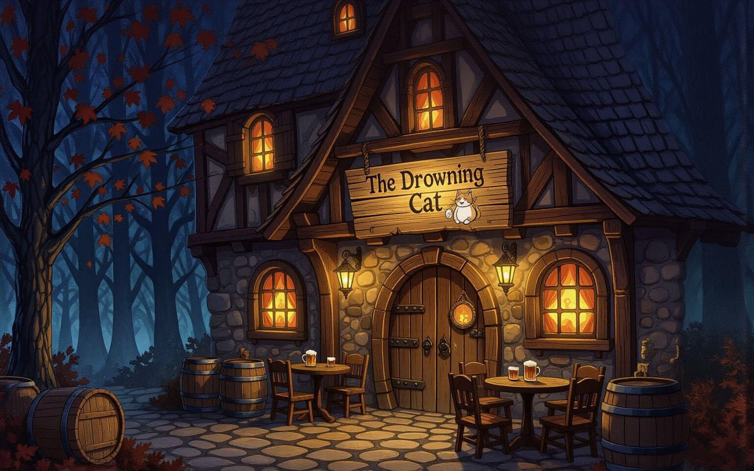 Dreamy Medieval Tavern in Autumn Forest, Impressionistic Sty...