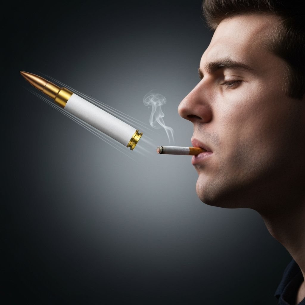 Man With Bullet Cigarette Flying Into Mouth