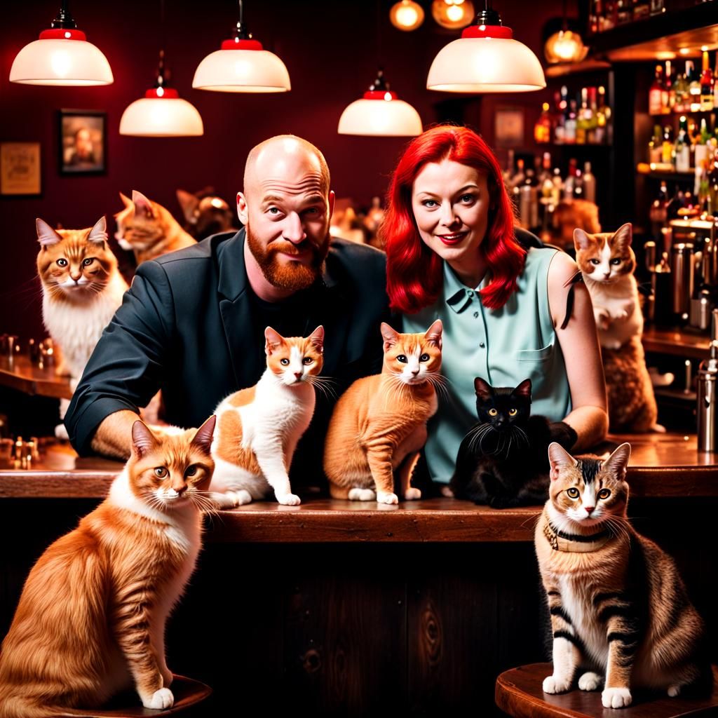 Bald Man and Redhead Surrounded by Cats at Bar