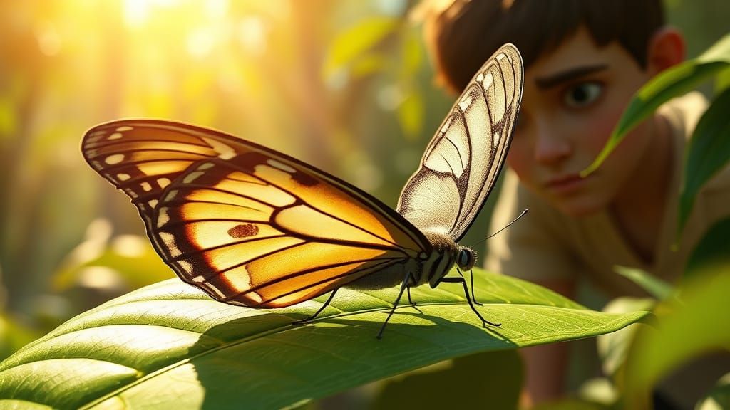 Sorrowful Boy Observes Fragile Butterfly: 3D Digital Art