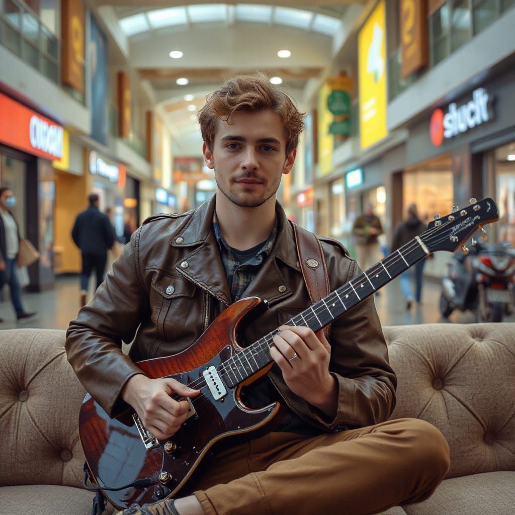 Man in Leather Jacket Plays Guitar