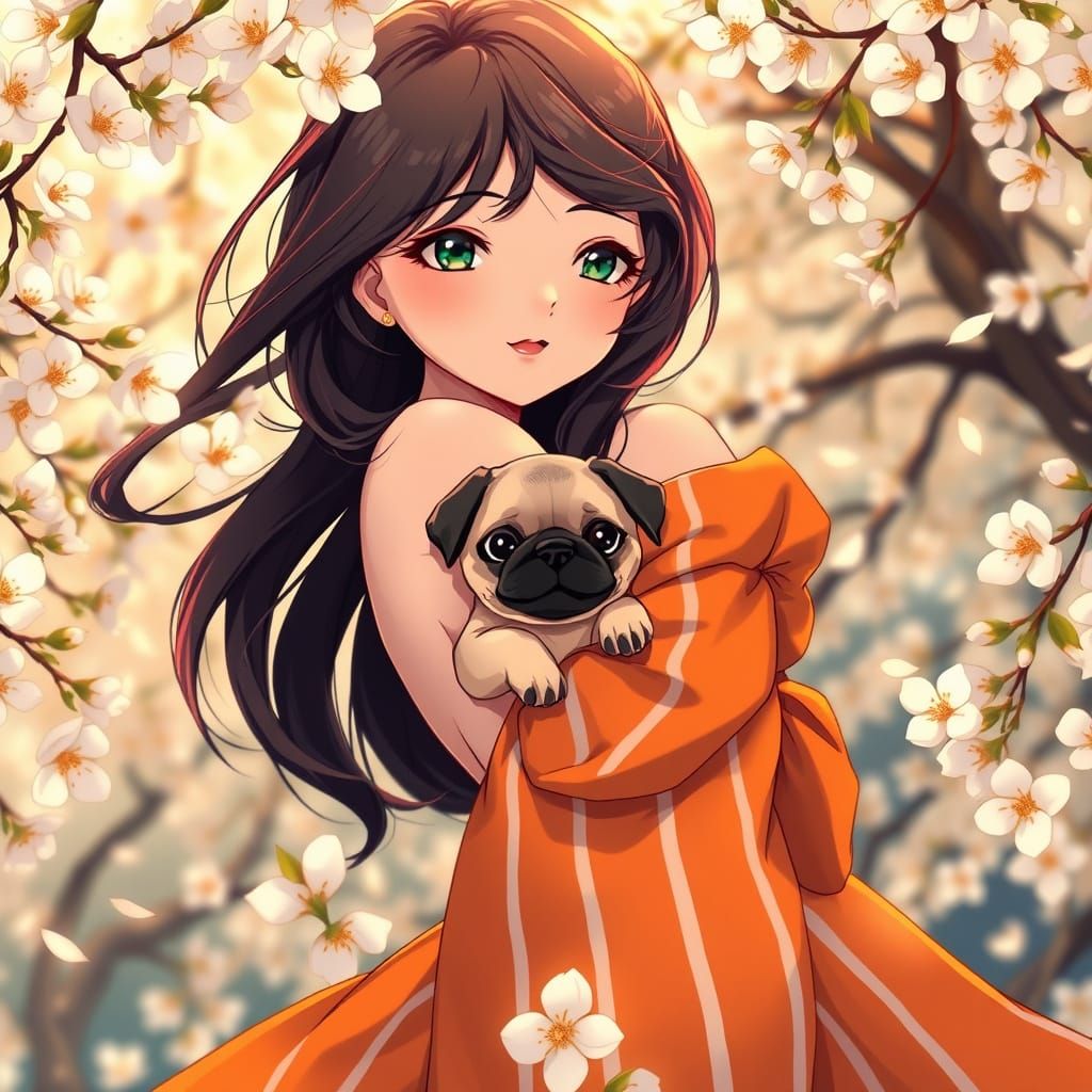 Anime Maiden Amidst Apricot Blossoms in Vibrant Orange Dress