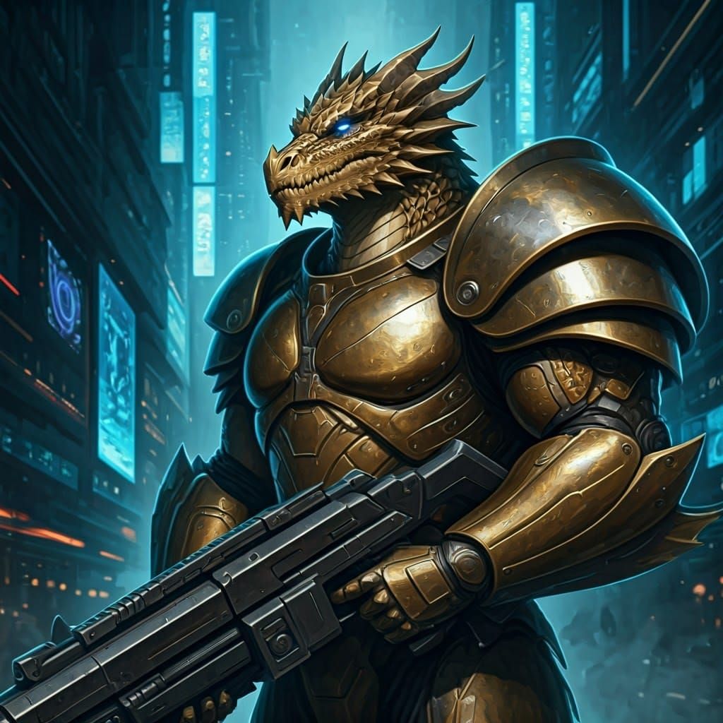 Dragonkin Warrior in Sci-Fi City, Digital Concept Art