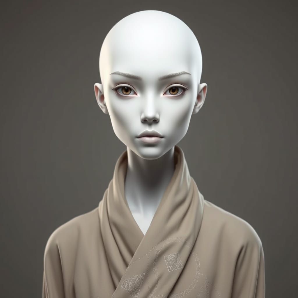 Elegant Androgynous Figure in Neutral-Toned Robe with Geomet...