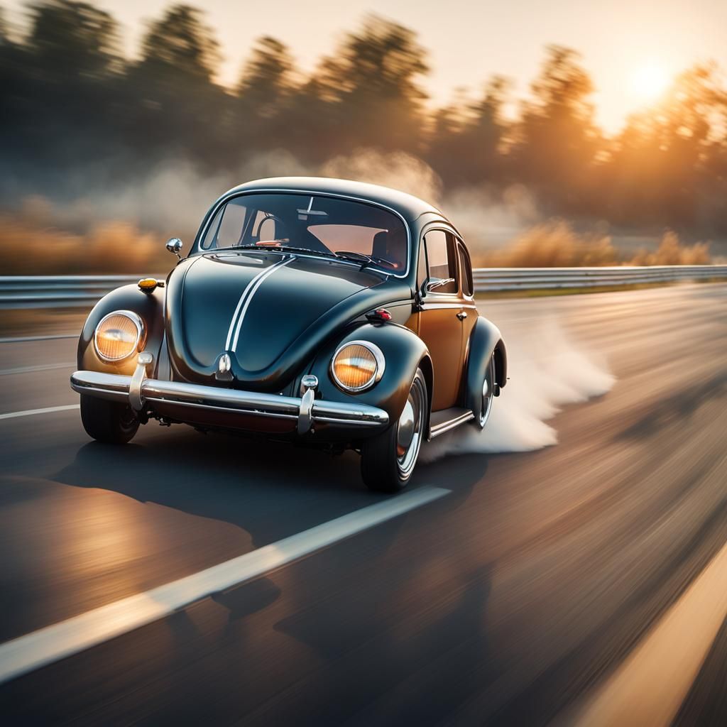 Vintage VW Racing Car Speeds Down Interstate Highway at Suns...