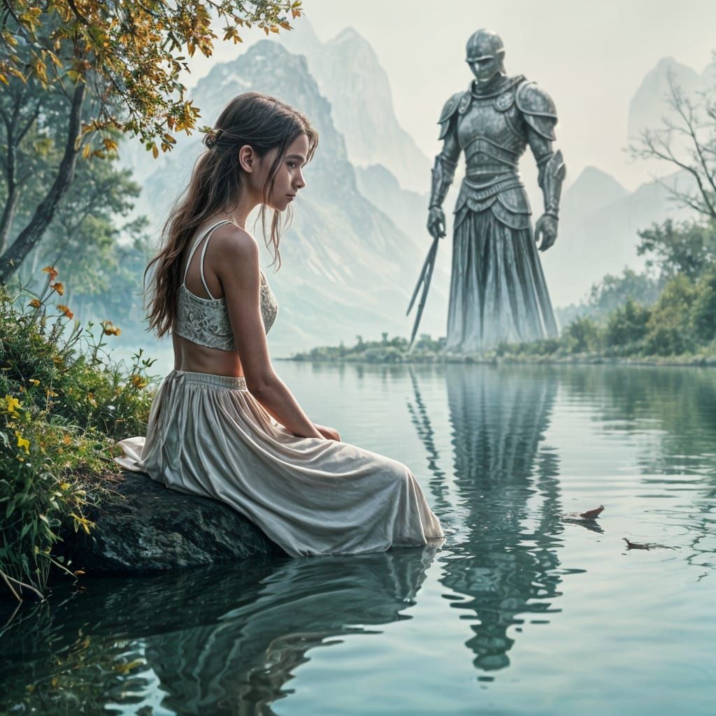 Serene Warrior Reflected in Lake's Mystical Depths