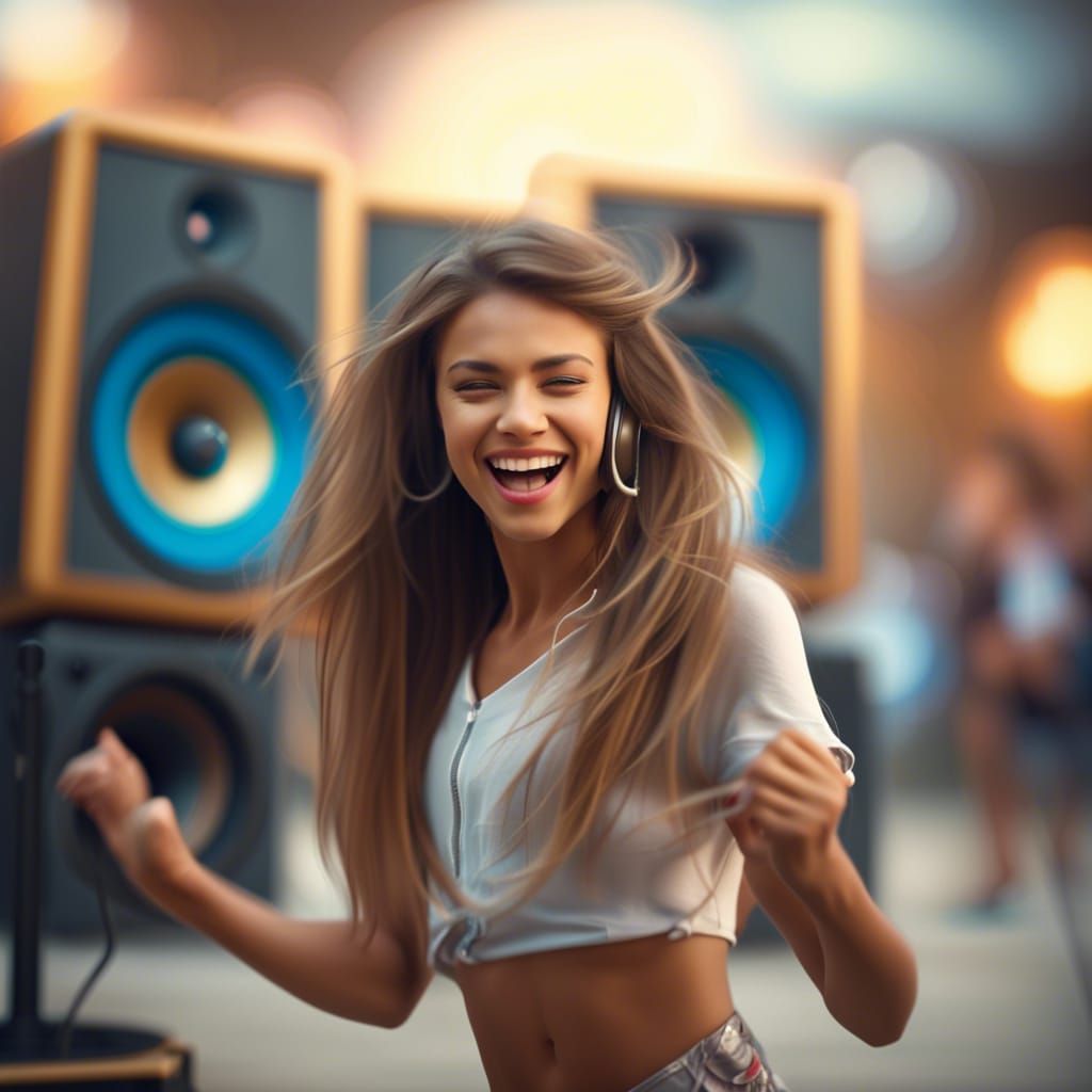 Happy Girl Dancing to Music in Hyperrealistic Style