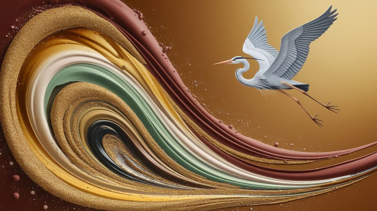 Golden Herons in Swirling Acrylic Pour Art
