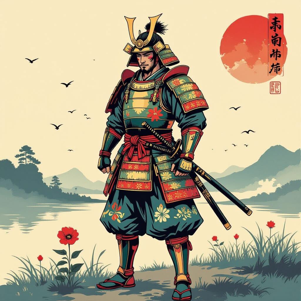 Samurai in Ukiyo-e Style Hiding Tears From the World