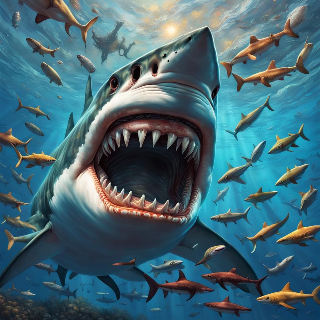 Shark's Powerful Bite: Hyperrealistic Underwater Scene