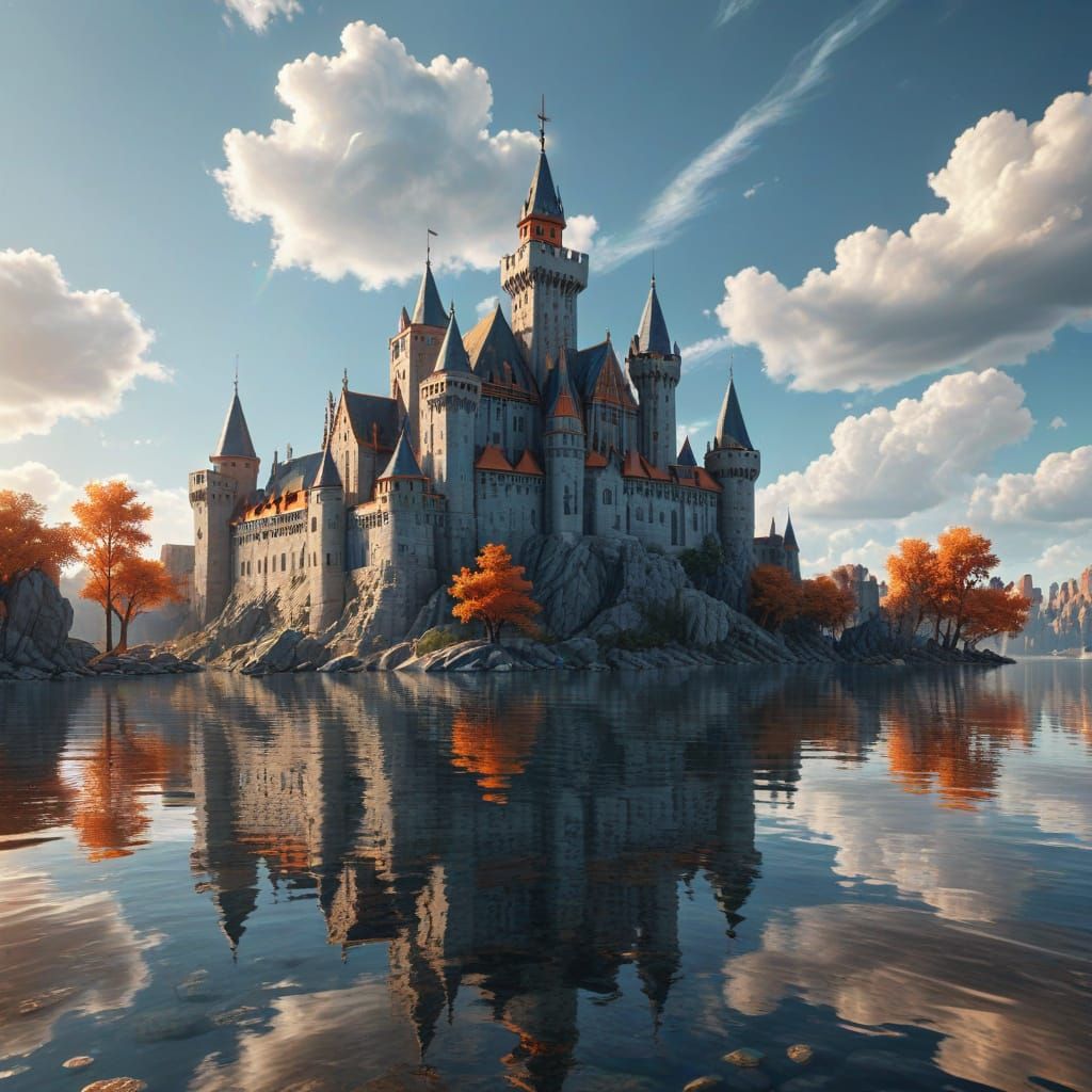 Majestic Medieval Castle Reflected in Lake: Digital Art