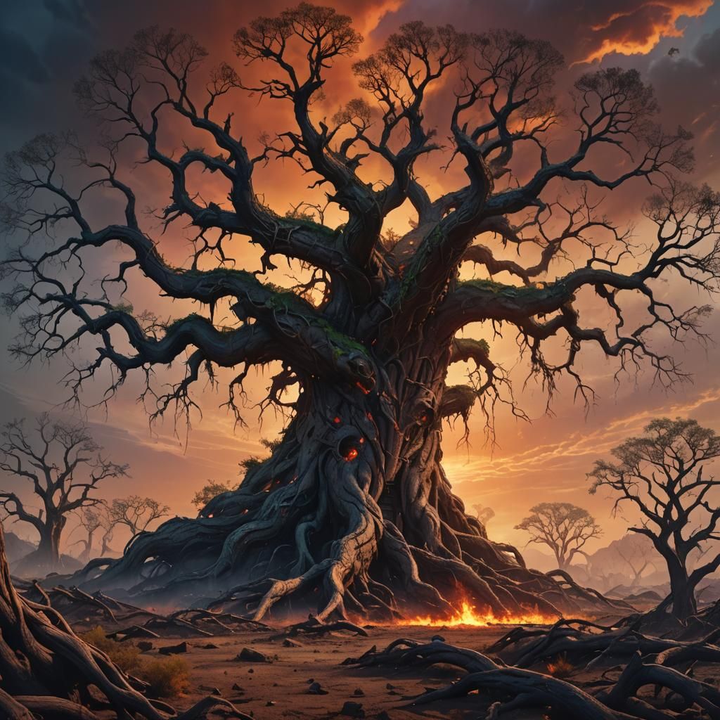 Dystopian Wasteland: Ancient Tree in Burning World