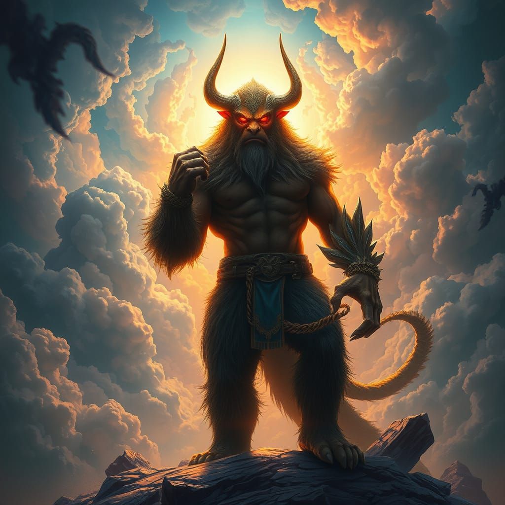 Heroic Figure Surrounded by Vibrant Clouds and Ethereal Ligh...