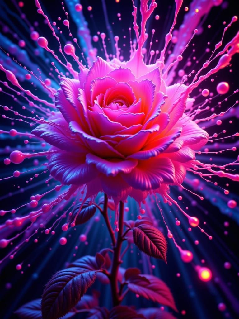 Explosive Bioluminescent Rose in Neon Light