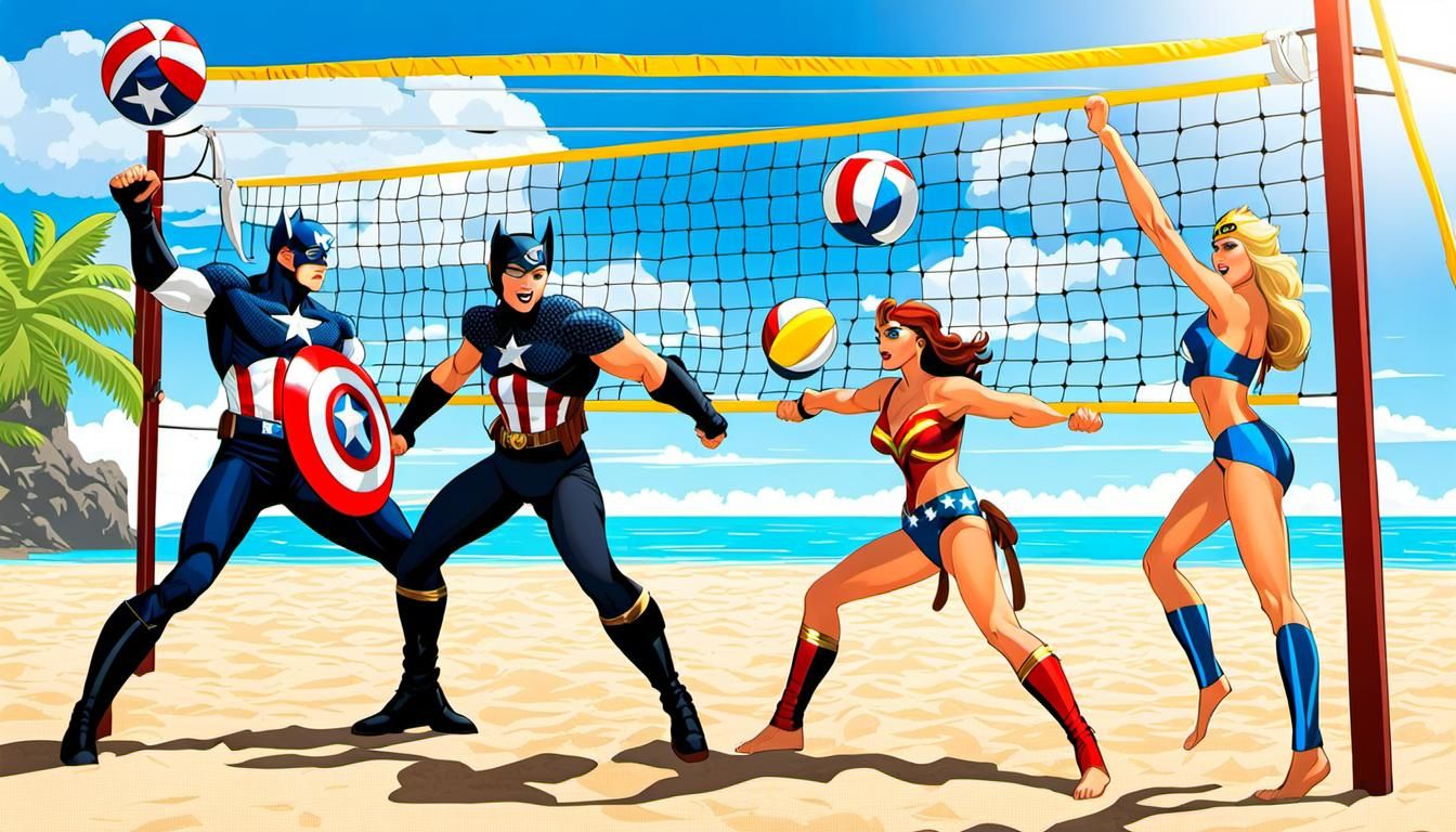 Superheroes Play Beach Volleyball on Tropical Island