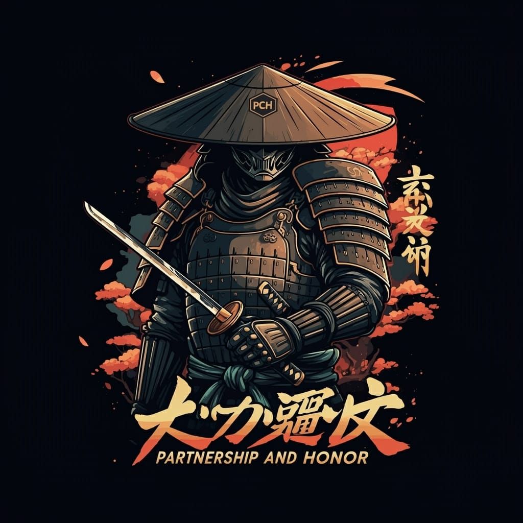 Samurai in Traditional Japanese Armor with Katana, Cherry Bl...