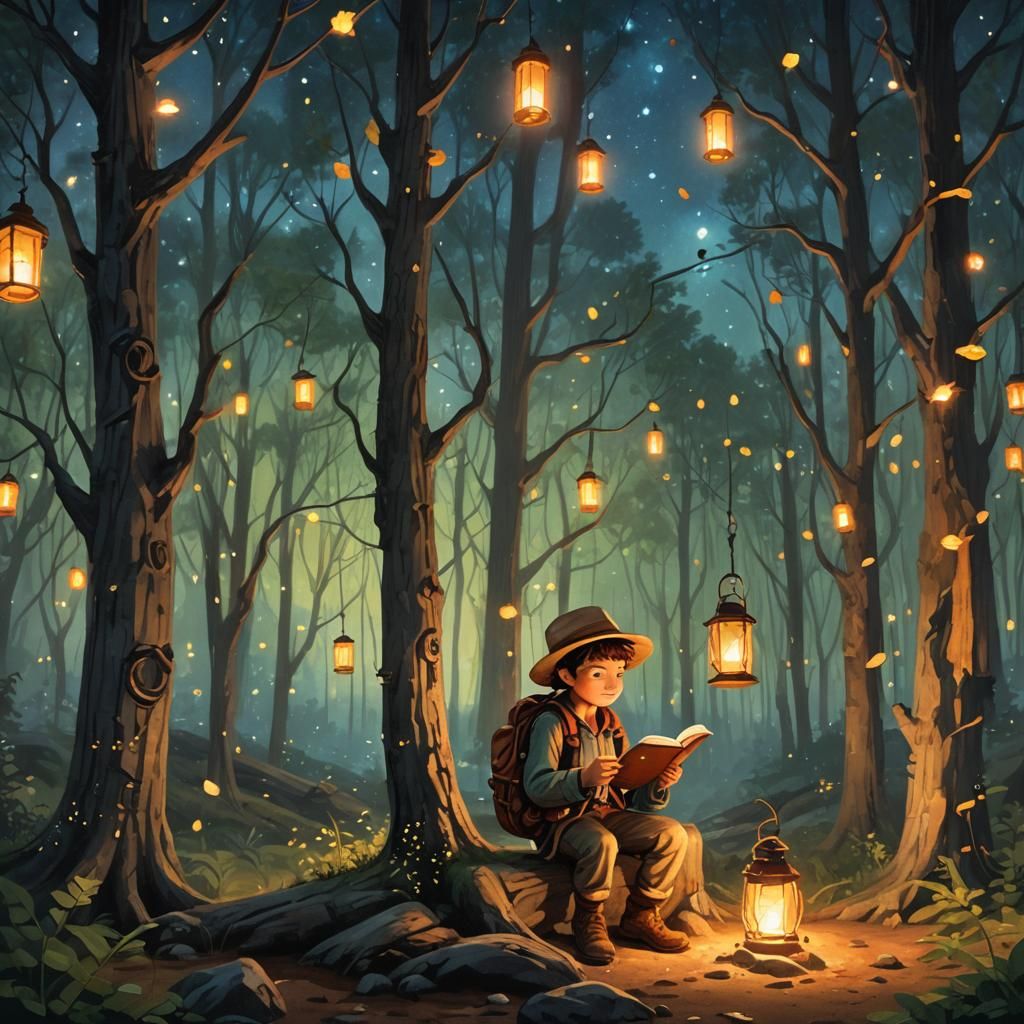 Magical Forest Night Scene with Young Explorer