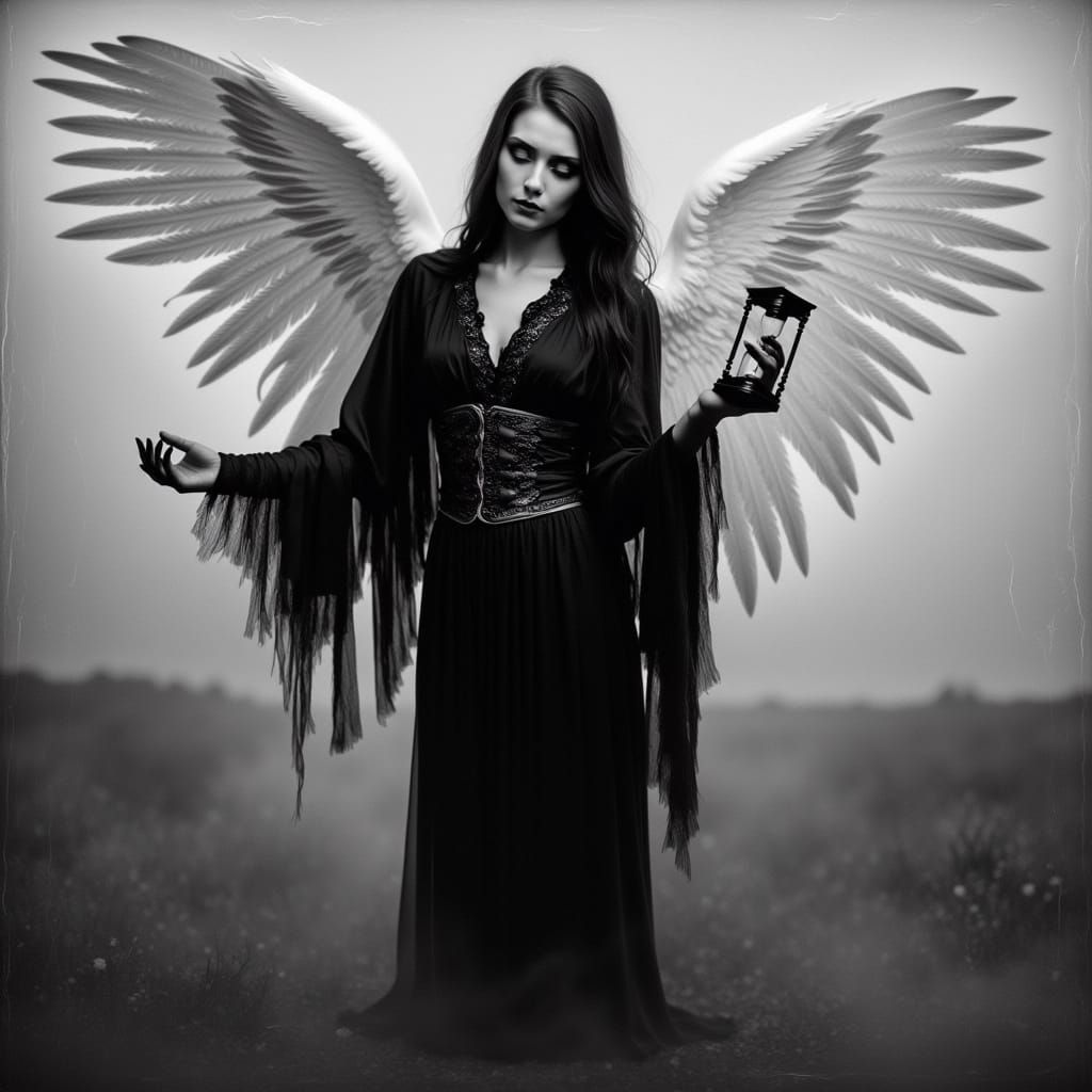 Serene Angel of Death in Ethereal Black Robe with Outstretch...