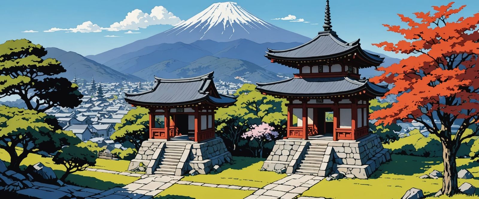 Watercolor Shrine with Train and Mountain View